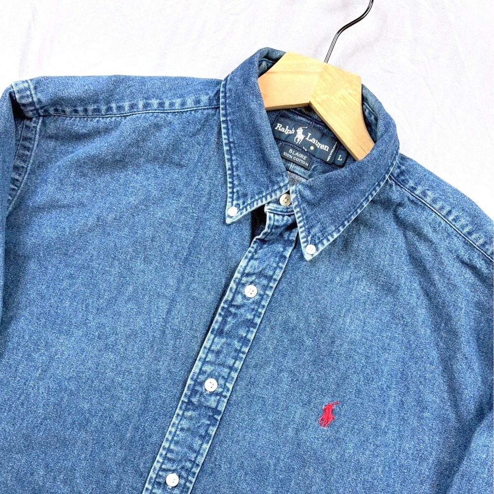 Ralph Lauren Denim Shirt Blaire Large Cotton Medium Wash 90s Button Down VTG